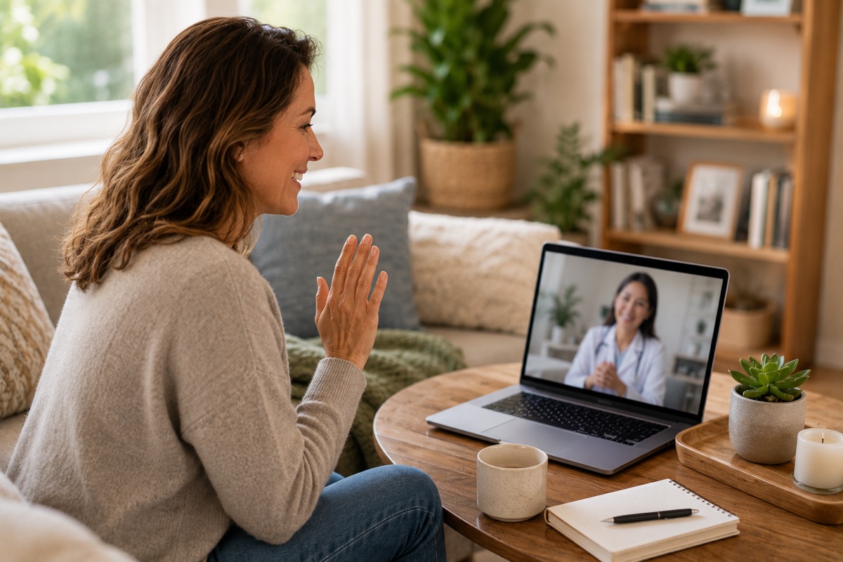 A video consultation from a cozy living room