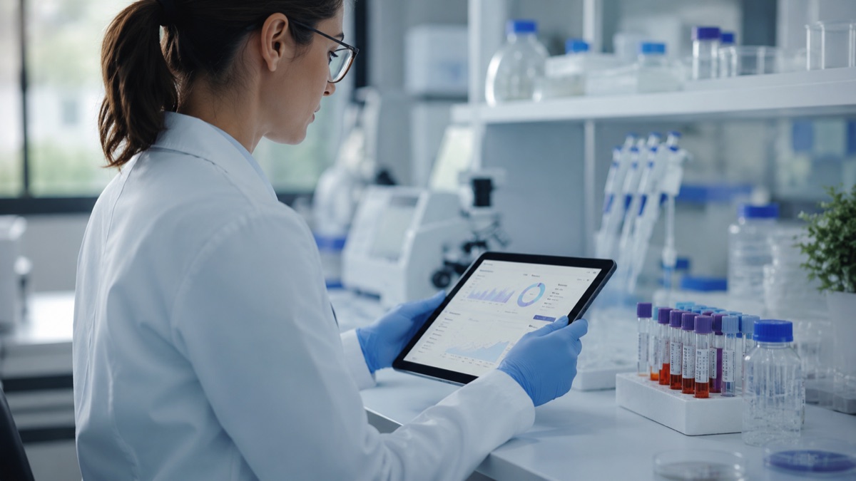 A scientist working carefully in a modern laboratory