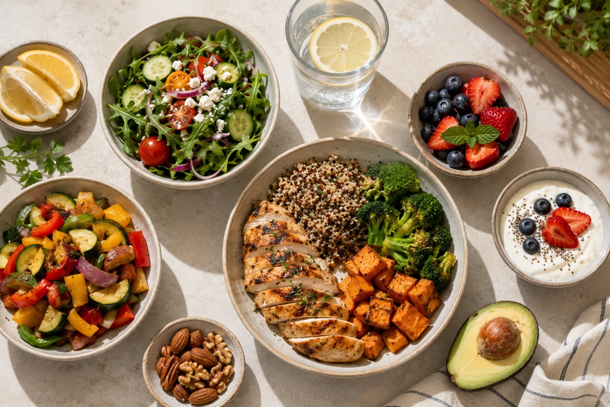 A flat-lay of a healthy, balanced meal
