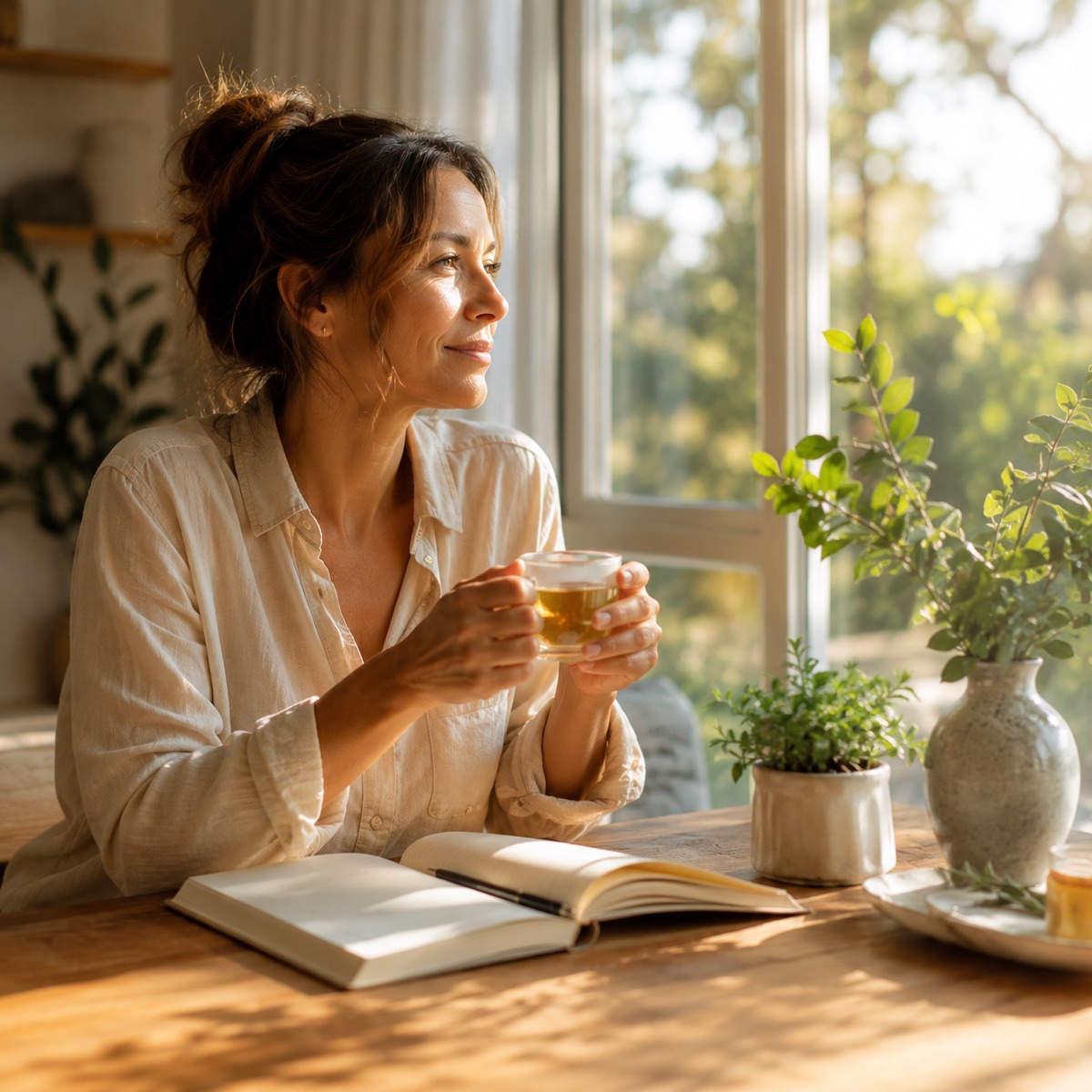 A person in a calm, peaceful moment in warm sunlight