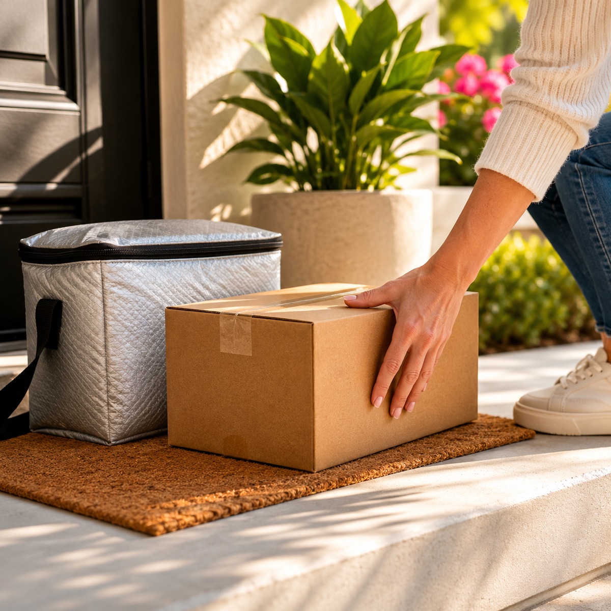 A package delivery on a sunlit doorstep