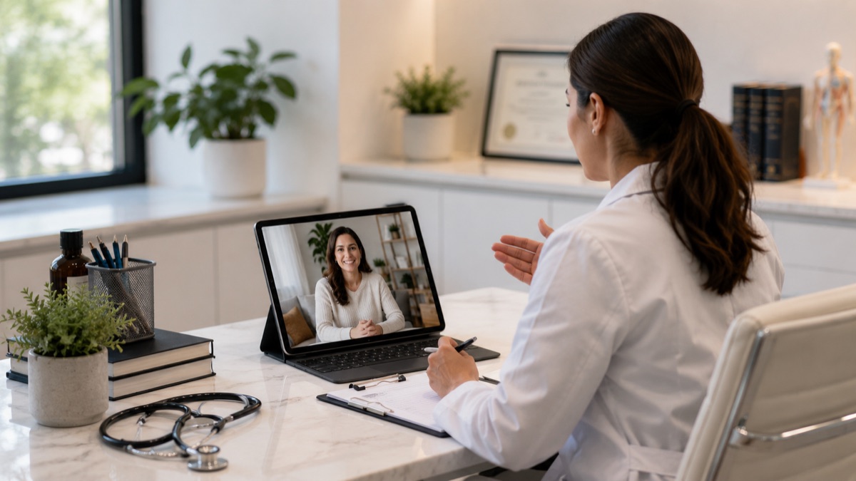 A telehealth video consultation in a modern, calm office