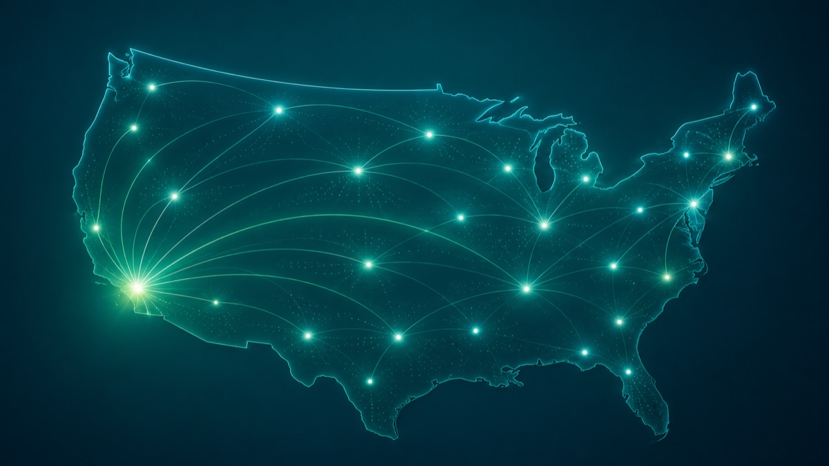 A stylized map of the United States showing nationwide connection