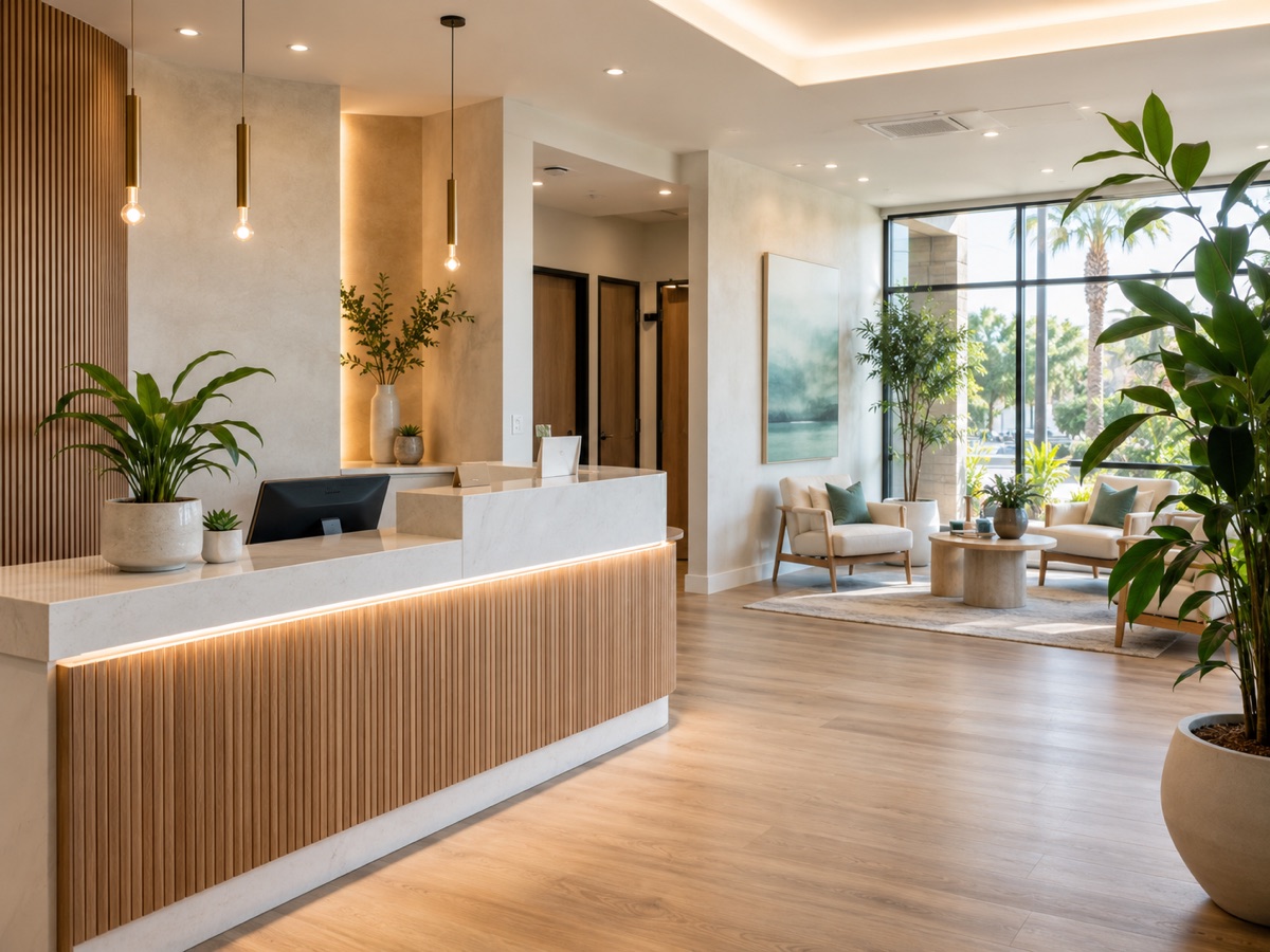 A modern, welcoming wellness clinic reception with natural light