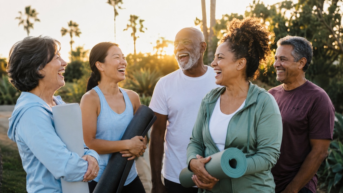 A small group enjoying gentle outdoor movement in golden-hour light